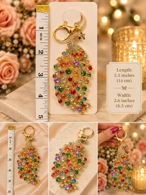 Big Gold Multicolor Crystal Peacock Keychain Pendant